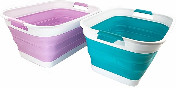 SAMMART 27L (7.1 Gallons) Collapsible Plastic Laundry Basket with Handle-Foldable Pop Up Storage Basket with handle (2, Ceramic Blue+Pale Purple)