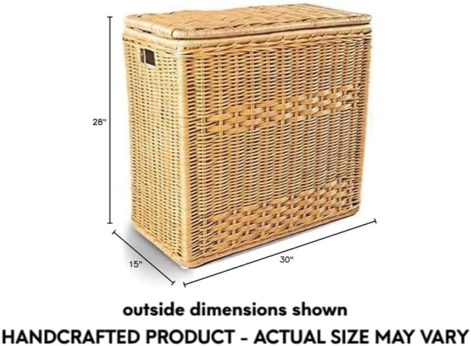 The Basket Lady 3-Compartment Wicker Laundry Sorter Hamper, 30 in L x 15 in W x 28 in H, Sandstone