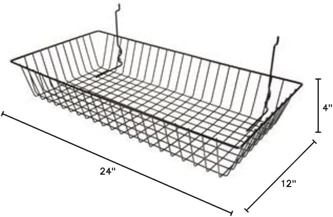 Only Garment Racks #5624B (Pack of 6) Black Wire Baskets for Grid Wall and Slat Wall - Merchandiser Baskets, Black Wire Basket 24" L x 12" D x 4" H (Set of 6) (Pack of 6)