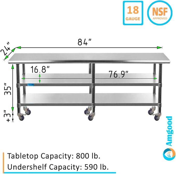 AmGood Stainless Steel Work Table with 2 Shelves and Casters | Metal Utility Table On Wheels (Stainless Steel, 84" Long x 24" Deep)