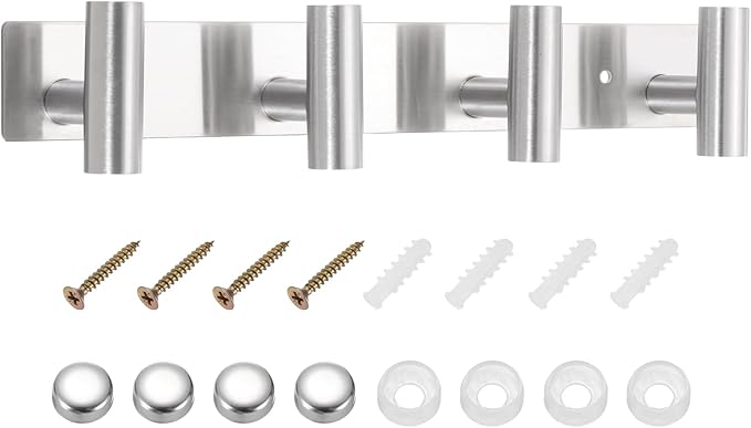 uxcell 1 Set Hat and Coat Wall Mount Rack, Stainless Steel 4 Hooks Towel Racks with Mounting Accessories Tower Hanger Organizer for Entryway Bedroom Kitchen, Silver