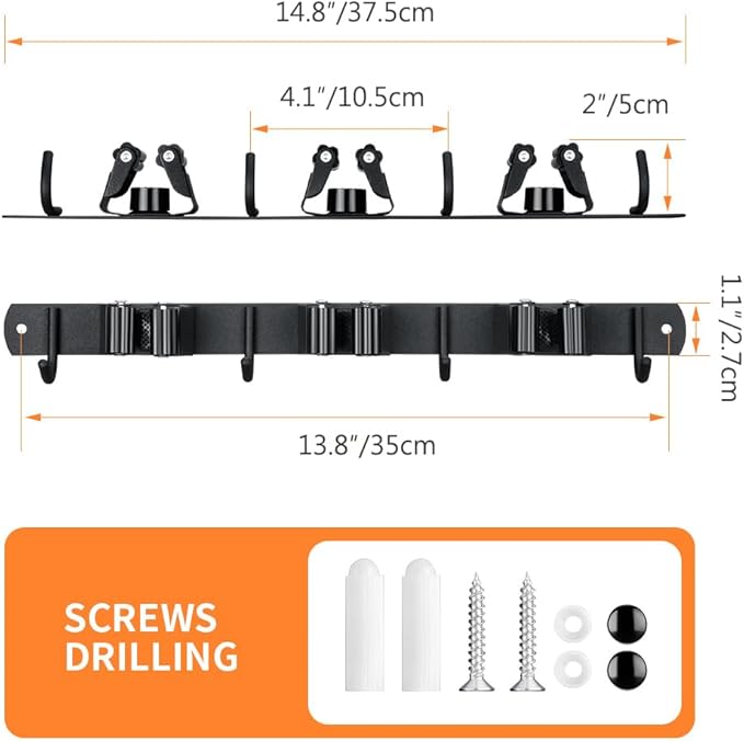 Broom Hanger and Mop Holder, Heavy Duty Garden Tool Organizer Rack Rake and Shovel Handle, Stainless Steel Wall Mounted Utility Rack with Screws (3 Racks with 4 Hooks, Matte Black).
