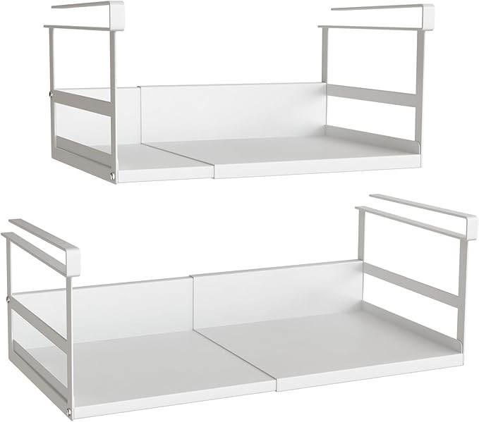 Expandable Under Cabinet Shelf Organizer with 0.94-Inch Thick Clips, Heavy Duty Extendable Under Shelf Storage Basket for Pantry or Laundry Room, White, 2 Pack, Interior: 5.7" H x 8.54" D