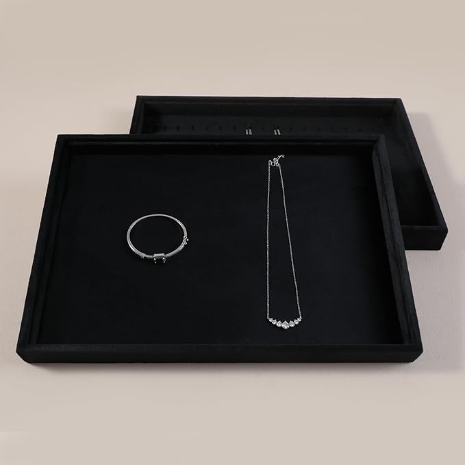 Velvet Stackable Jewelry Display Flat Tray For Ring Earring Necklace Bracelet, Bangle Pendant Storage Blank Plate, Shop Countertop Jewelry Dish Organizer (Black)