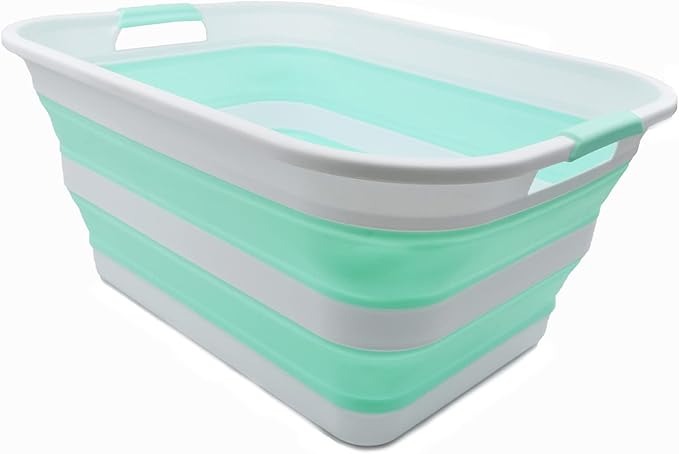 SAMMART 42L Collapsible Plastic Laundry Basket - Foldable Pop Up Storage Container/Organizer - Portable Washing Tub - Space Saving Hamper/Basket (White/Light Green, 1)