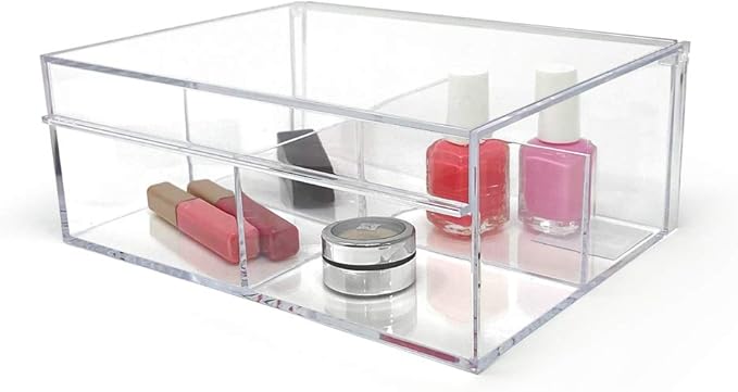 Isaac Jacobs 4-Compartment Clear Acrylic Organizer with Lid (6.7" L x 8.6" W x 3.4" H), Multi-Sectional Tray & Storage Solution for Makeup, School & Office Supplies & More, for Bathroom, Kitchen