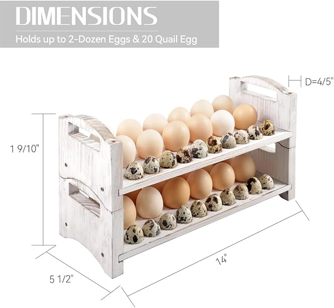 Wooden Egg Holder 2 Layer Fresh Egg Rack Holders Countertop Stackable Quail Egg Sorter Storage Trays Organizer Display Stand Kitchen Rack, Fits Duck, Turkey, Chicken Eggs,up to 36 Eggs, 2 Tier-White