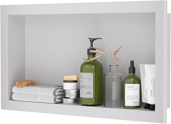 12" x 24" Stainless Steel Shower Niche, Single Waterproof Shelves, No-Tile Needed Bathroom Organizer, Rustproof Wall Shelf for Shampoo, Soap & Toiletries, White