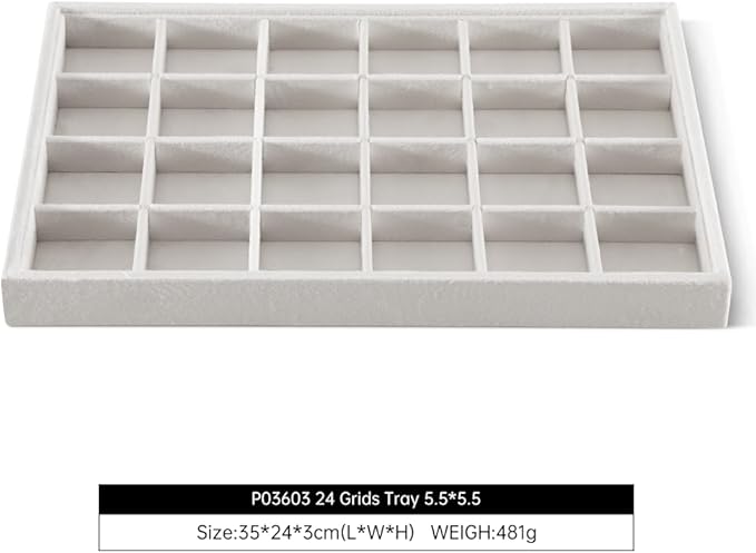 Velvet Stackable Jewelry Display Tray, 24 Grid Earring Ring Storage Tray, Drawer Divider Jewelry Accessories Organizer Plate (White)