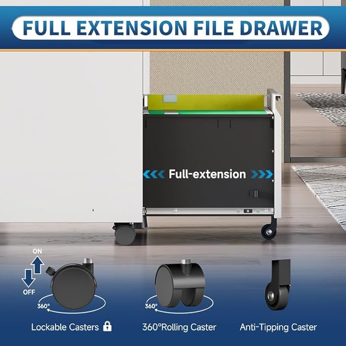 File Cabinet 2 Drawers on Wheels Under Desk,Locking Filing Cabinets for Home Office,Metal Vertical Files Drawers,Small Rolling Cabinet Printer Stand for Legal/Letter/A4( Assembly Required-White)