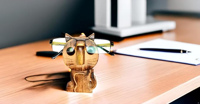 ETROVES Wooden Cat Eyeglass Holder - Bedside Wood Eye Glass Holder/Stand, 5 Inch, Brown