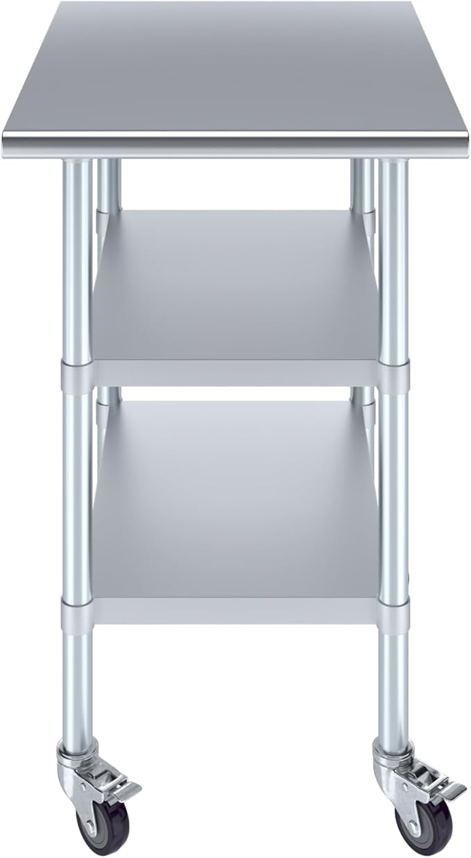 AmGood Stainless Steel Work Table with 2 Shelves and Casters (Stainless Steel Work Table with 2 Shelves + Casters, 24" Long x 30" Deep)