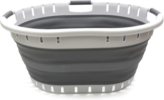 SAMMART 57L (15 Gallons) Collapsible 3-Handled Plastic Laundry Basket - Oval Tub - Portable Washing Tub - Pop up Laundry Hamper (1 pc - Oval, Dark Grey)