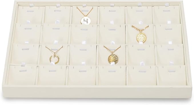 Beige Jewelry Necklace Display Tray 24 Grids Pendant Earrings Necklace Organizer Display Showcase Microfiber Jewelry Storage Tray