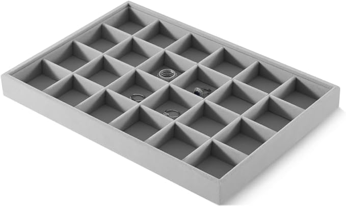 Velvet Stackable Jewelry Display Tray, 24 Grid Earring Ring Storage Tray, Drawer Divider Jewelry Accessories Organizer Plate (Gray)