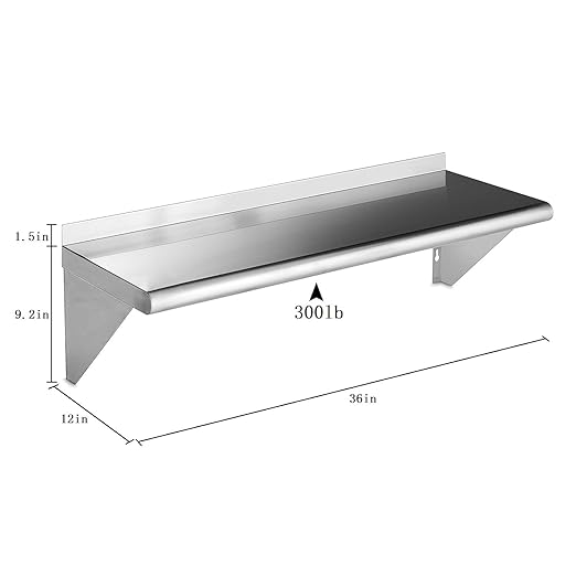 ROCKPOINT Stainless Steel Shelf 12 x 36 Inches 300lb, 2 Pack NSF Commercial Wall Mount Floating Shelving with Backsplash for Restaurant, Kitchen, Home and Hotel, Silver