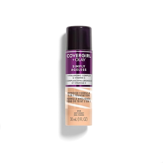 COVERGIRL & Olay Simply Ageless 3-in-1 Liquid Foundation, Matte Finish, Hyaluronic & Vitamin C Formula, 255 Soft Honey, 1 Count
