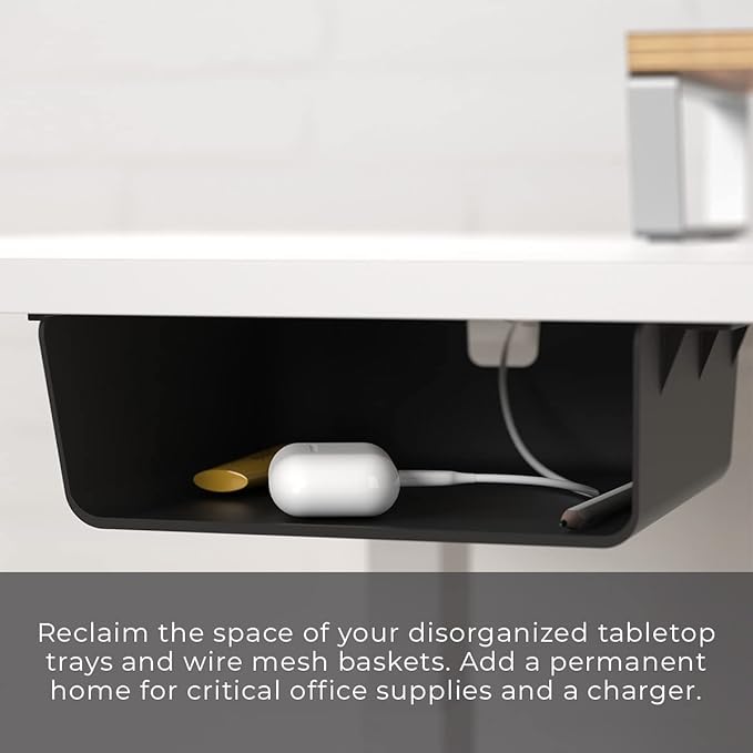 HumanCentric Under Desk Storage Shelf, Drawer Organizer for Office, Workstations, Tables, Sit Stand Desks, Gaming Setups, Mountable Storage Tray, Cable Management, Screw or Stick On, 2 Pack