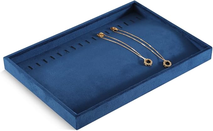 Velvet Jewelry Display Tray For Bracelet Pendant Necklace, Multi-Slot Stackable Storage Tray For Long Chain Jewelries, Drawer Insert Jewelry Organizer (Blue)