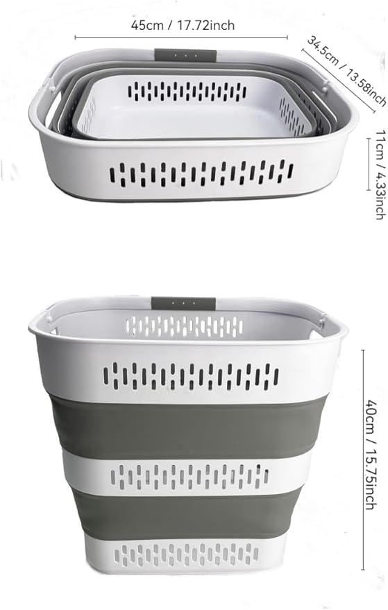 SAMMART 40L (10.5 Gallon) Collapsible Plastic Laundry Basket with Handles - Foldable Pop Up Storage Container/Organizer - Portable Laundry Hamper - Space Saving (2, White/Grey)