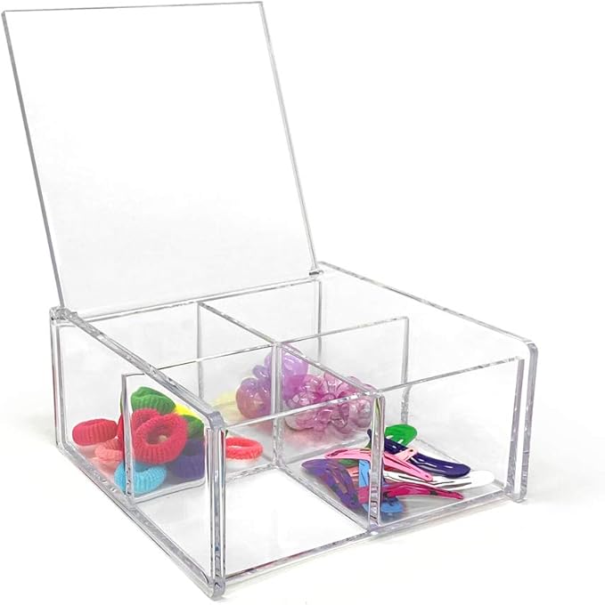 Isaac Jacobs 4-Compartment Square Clear Acrylic Organizer with Lid (5.75" L x 5.75" W x 2.75" H), Multi-Sectional Tray, Stackable, Storage Solution for School, Craft, Office Supplies, Kitchen & More