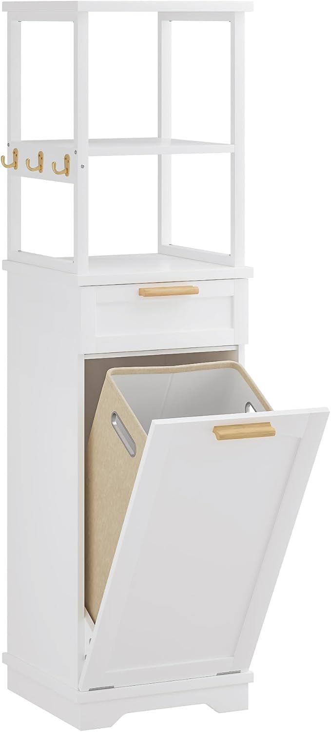 VECELO 53" Tilt Out Laundry Hamper, Tall Bathroom Cabinet with Hidden Removable Basket, 2-Tier Open Shelves, 1 Drawer and 3 Side Hooks for Storage, White
