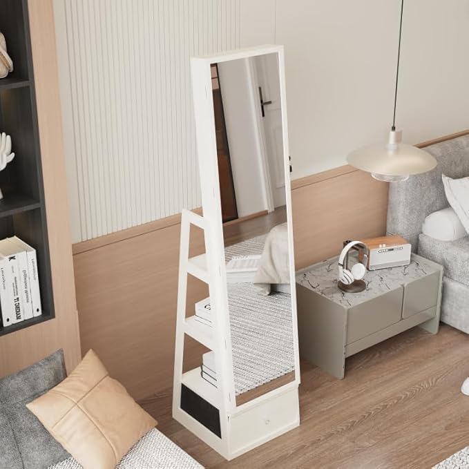Montary Jewelry Cabinet with Full-Length Mirror - Freestanding Jewelry Armoire with Lockable Storage, Built-In Lighted Mirror & Back Storage Cabinet, White