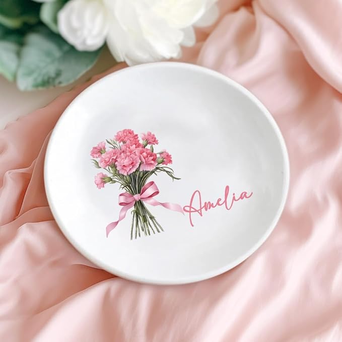 Custom Ceramic Jewelry Tray Birth Flower Personalized Name Decorative Trinket Dish for Rings Earrings Necklaces Birthday Christmas Bridesmaid Gifts for Women Her Size 4"×4"