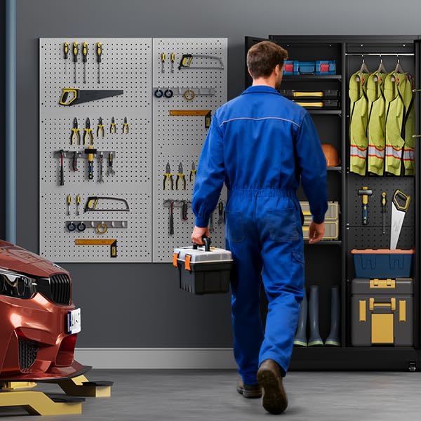 Metal Broom Closet, Garage Storage Cabinet, Tool Chest Bathroom Cabinet with Locking Doors and Wheels, 72" Tall Utility Cabinet with Hanging Rod, Freestanding Storage Cabinet for Cleaning Supplies