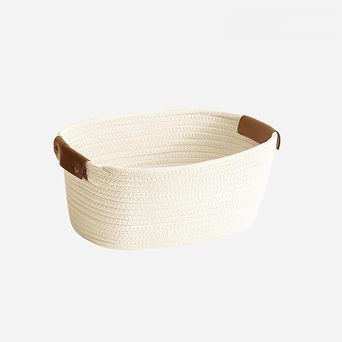 Medium Cotton Woven Basket with PU Leather Handle, Baby Kids Clothes Toys Candy Gifts Cotton Rope Organizer, Living Room Bathroom Shower Storage Laundry Basket, Dog Cat Bed, Cute Decor, White