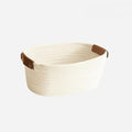 Medium Cotton Woven Basket with PU Leather Handle, Baby Kids Clothes Toys Candy Gifts Cotton Rope Organizer, Living Room Bathroom Shower Storage Laundry Basket, Dog Cat Bed, Cute Decor, White