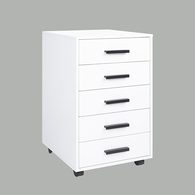 5-Drawer Rolling Under Desk Storage Cart - Mobile Organizer with Lockable Casters, White Engineered Wood Scratch-Resistant for Home Office Dorm Studio, 15.7 x 15.7 x 26 Inches