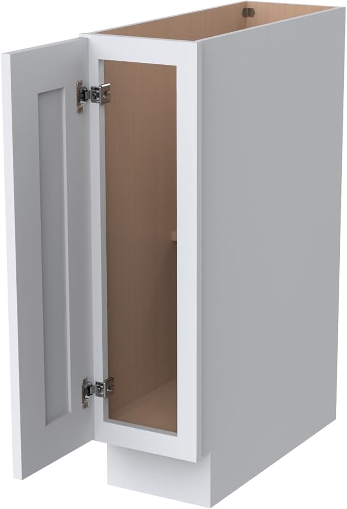 Solid Wood RTA Tray Base Cabinet with Full Height Door & Adjustable Shelf – Shaker Style Kitchen Storage Organizer, Durable Plywood Construction, Easy Assembly 9”W x 24”D x 34.5”H (White)
