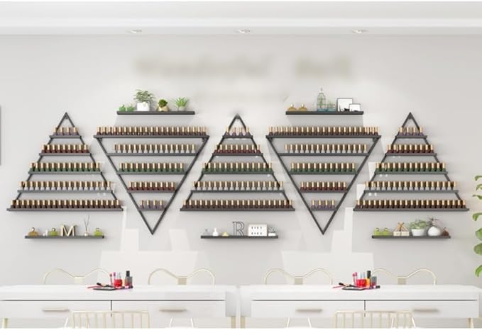 Elegant Wall Mounted Nail Polish Storage Rack Set of 10 Triangular Cosmetic Display Shelves for Essential Oil Bottles, Organize Your Lipsticks and Perfumes in Style at Home or Salon (Black)