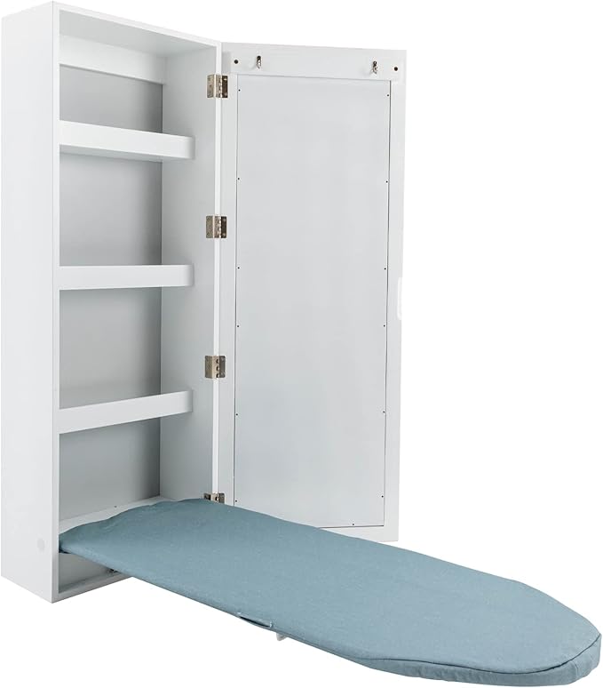 Wall Mounted Ironing Board Cabinet,Foldable Hanging Ironing Board with Mirror,Compact Mount Fold Down Iron Board for Small Spaces White