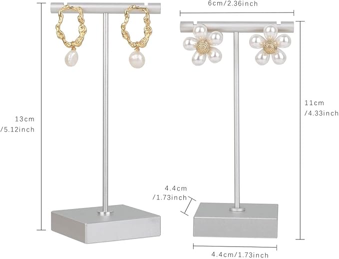 GemeShou 2pcs metal earring holder, Silver T bar earring display stand, mini hangers for earrings Jewelry Photography, earring storage organizer【Silver-Square Base 2pcs Height 4.3 and 5.1 inch】