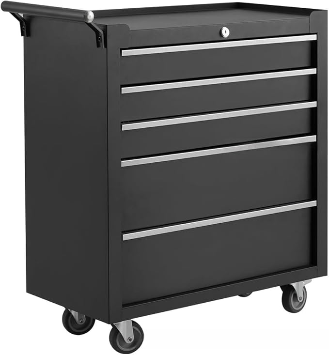 5-Drawer Rolling Tool Chest Organizer with Lockable Wheels, Heavy-Duty Storage Cabinet with Smooth Sliding Drawers, Protective Liner & Side Handle, Ideal for Garage, Workshop, Warehouse, Black