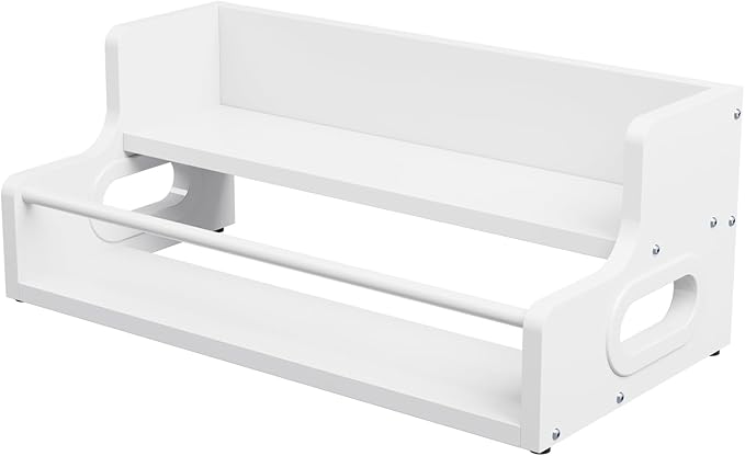 KLM Wood 2-Tier Liquor Bottle Display Shelf, Bar Counter Organizer with Metal Rod, Mini Bar Storage Rack (White)
