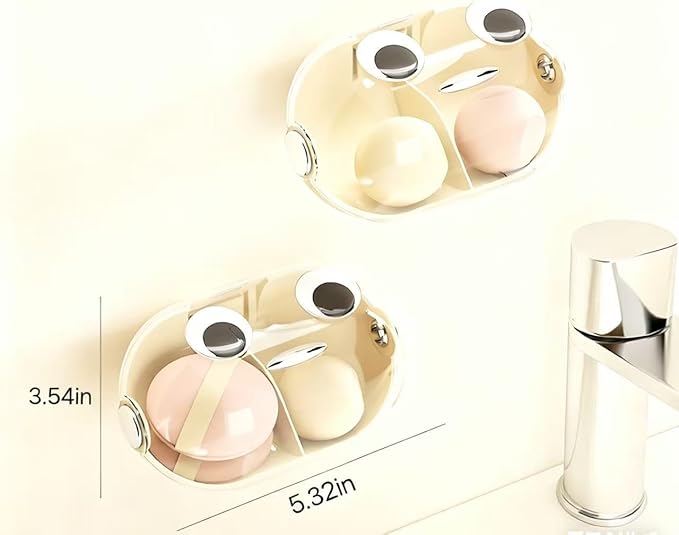 Makeup Sponge Storage Case Wall-Mounted No-Drill Makeup Sponge Holder 2-Tier With Cute Big-Eye Stickers (Cream White,1-Piece Set)