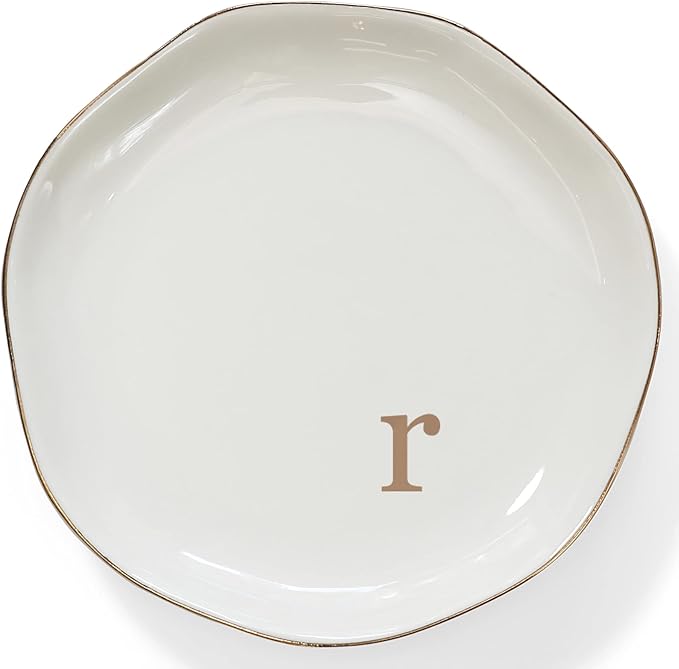 HOME SMILE Initials Ring Dish Jewery Tray with Personalized R-Monogrammed Engagement Wedding Gifts for Friends,Sister,Birthday Christmas Gifts for Women,Ceramic White