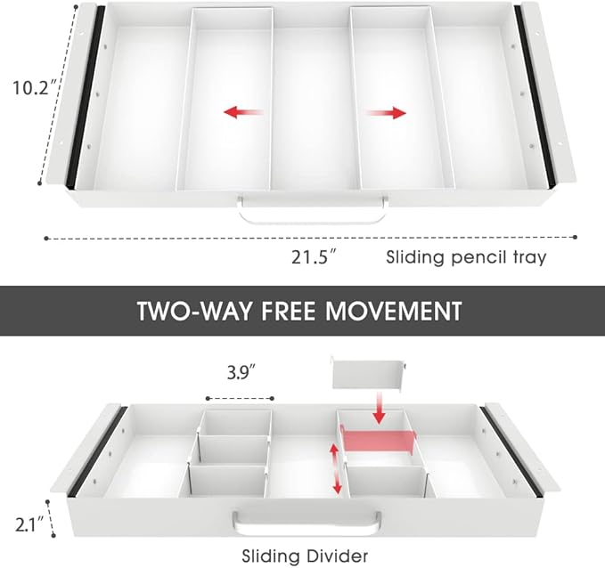 Large Size Under Desk Slide out Pencil Drawer White with Adjustable Space Divider Design for Storing Pencil and Office Accessories, Underdesk Pull out Tray Organizer Mounted for Sit Stand Workstation