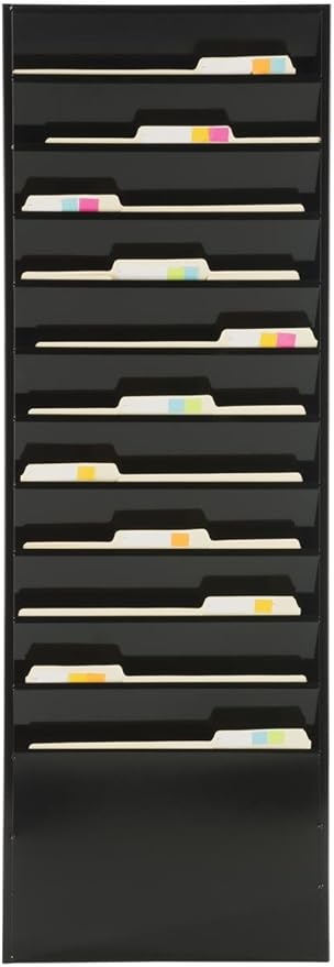 Displays2go File Folder Wall Rack with 11 Tiered Pockets, Shows Only The Top Portion of a File Folder, Office Filing Rack for Wall Mount - Black Powder-Coated Steel
