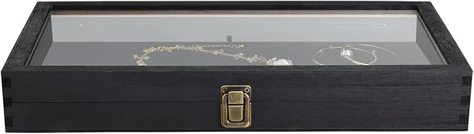 MOOCA Wooden Jewelry Display Case, Pocket Knife Display Case with Tempered Glass Top Lid and Removable Black Luxurious MDF Velvet Jewelry Pad, Black Color