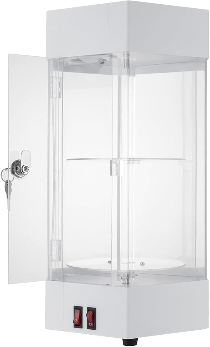 2-Tier Electric Rotating Jewelry Display Case with LED Lights - Acrylic Hexagonal Showcase with Lockable Door - for Watches, Cosmetics & Collectibles