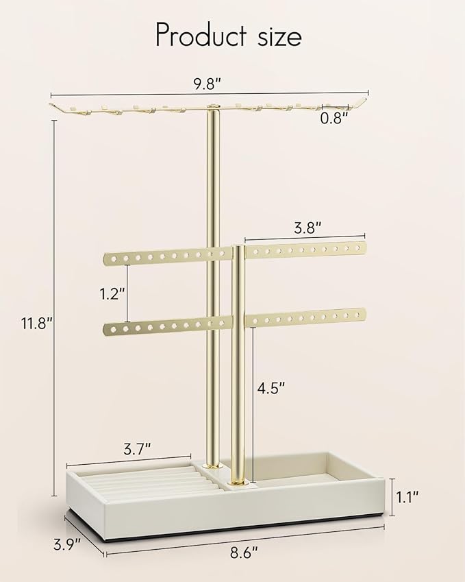 Vlando 2 Tier Jewelry Stand Organizer with Tary, Leather Jewelry Holder Display for Women, Gold Jewlery Holder Stand for Necklace, Earring, Bracelet, Rings - Cloud White
