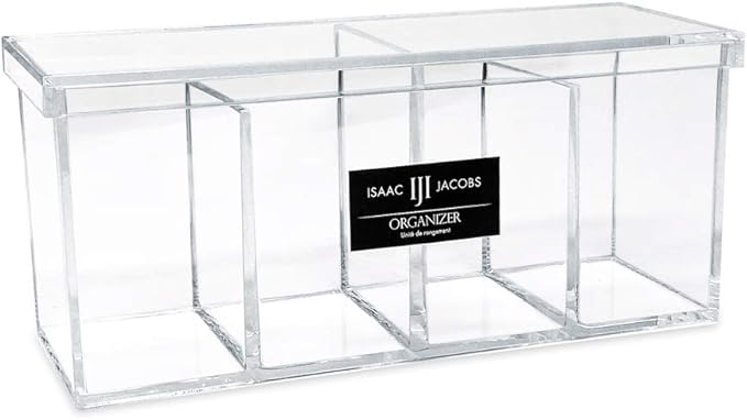 Isaac Jacobs 4-Compartment Clear Acrylic Organizer with Lid (9” L x 3” W x 4” H), Makeup Brush Holder, Sectional Tray, Storage Solution for Makeup, Crafts, Office Supplies & More (1, Clear)
