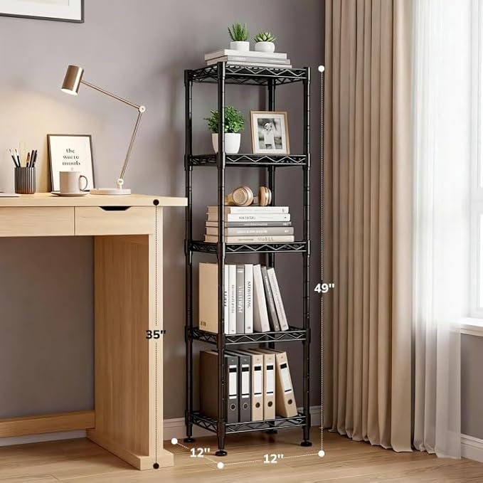 5 Tier Metal Shelving Unit Wire Shelves Storage Rack:Adjustable Storage Shelves Standing Bathroom Shelf and Narrow Shelf for Laundry Dorm Kitchen Pantry Closet Office 12''Wx12''Dx49''H Black