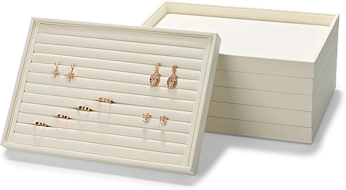 24 Grids Microfiber Jewelry Trays Ring Earrings Organizer Tray Stackable Jewelry Drawer Organizer(Beige)