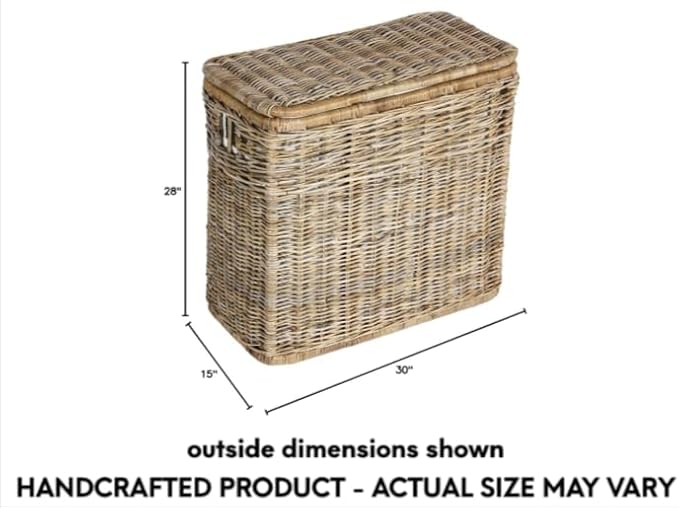 The Basket Lady 3-Compartment Wicker Laundry Sorter Hamper, 30 in L x 15 in W x 28 in H, Antique Walnut Brown