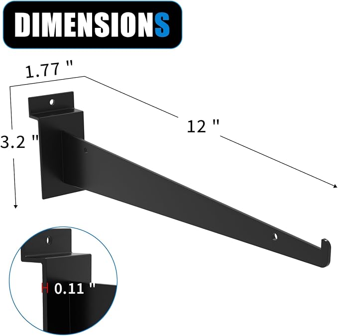 12" Black Slat Wall Shelf Brackets,10 PCS Slat Wall Brackets with Lip, Floating Metal Slat Wall Accessories